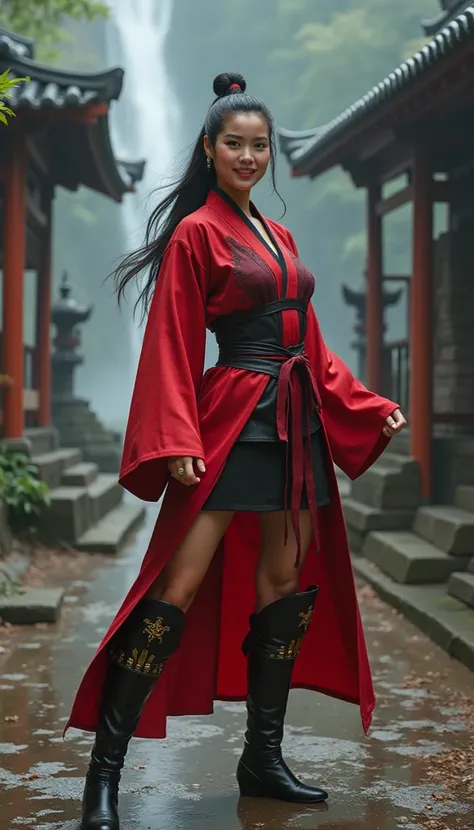 The expression is a smile. Produce a female martial artist costume designed in shades of deep red and black. Give this image a dynamic feeling of fire and wind. Next, add a combat outfit (raw legs or tights) designed to accentuate the lines of the body (mi...