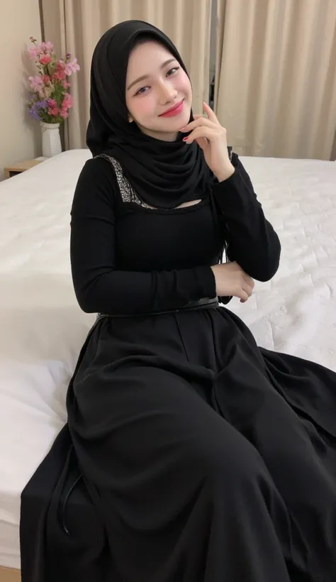  A woman,  sleeping on her back on the mattress ,   wearing a black long sleeve turtle neck sweater,  Using a long skirt to the toe maxi model in black, using a long hijab of black color,  big boobs, beautiful smile 