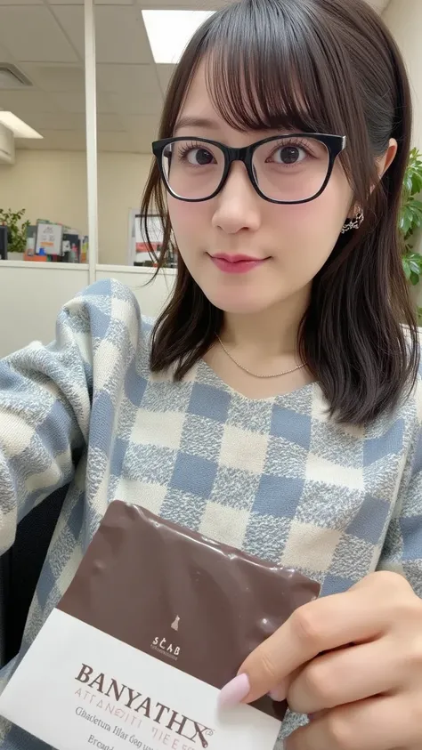 A professional-looking woman with short hair and glasses, dressed in business attire, handing a small, neatly packaged chocolate to her male colleague with a polite smile. The office has desks and computers in the background. Style: modern, realistic, corp...