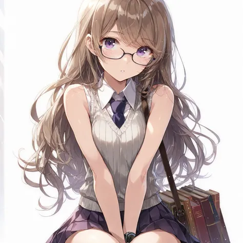 ((Masterpiece, best quality)), JK, intricate details, light freckles, glasses, thin, thin, long light brown hair, glasses, purple eyes, sleeveless white collared shirt, ribbed gray vest, school crest, purple pleaded skirt, ((long swept bangs)), library, bo...