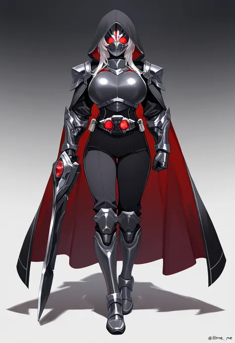  Masterpiece,  top quality,  Hi-Res,  1girl , Alone、Black leather clothing 、Big Breasts、  black robe  、black hood 。Iron Mask on Face , iron gauntlet on the arm 、  long pants、Iron Boots、Assassin&#39;s Outfit、 full body、 iron breastplate, Rider Belt