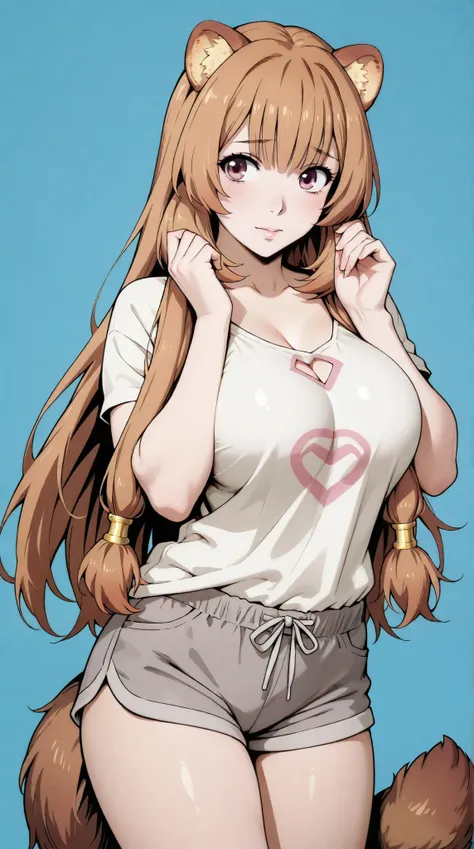 masterpiece, extremely detailed,perfect skin texture,4k,solo,1girl ,((fullbody)),raphtalia, kawaii,sexy legs,perfect body,large breasts,bangs,brown eyes,white slimfit tshirt,grey shorts,housewife, high detailed, best quality, upper body, blue plain backgro...