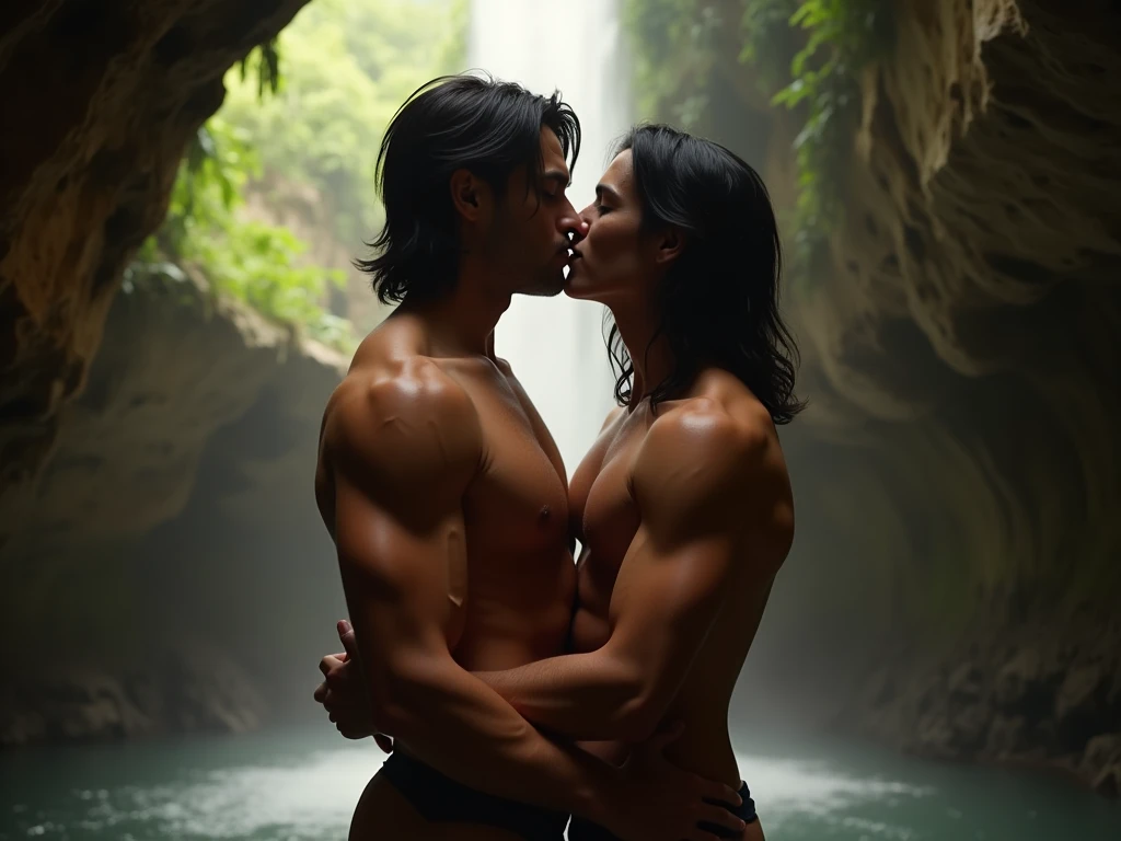 two sexy men look at each other with a lot of lust with their eyes closed , her sensually shaped body , inside a cave with a waterfall in a jungle with orange and visible light,  with two tall men , two romantic muscular men ,  with black hair one man with...