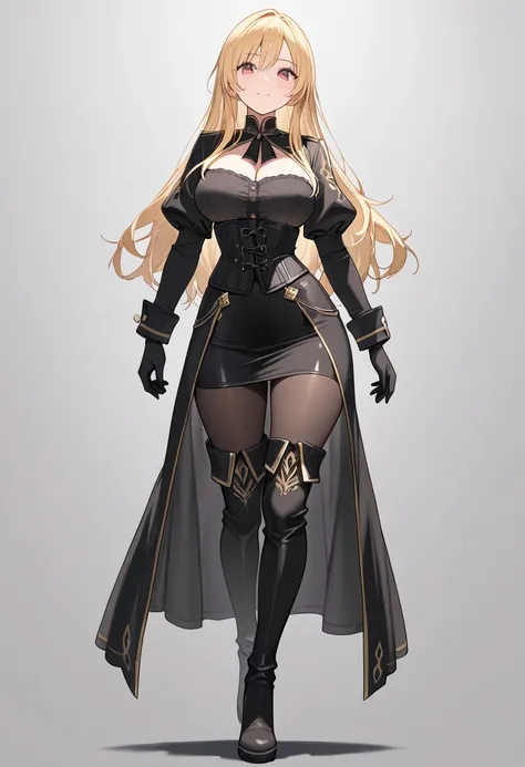  Masterpiece,  top quality,  Hi-Res,  1girl , Alone、 beautiful girl、 blond hair, tight skirt, cropped corset, Thigh-length boots