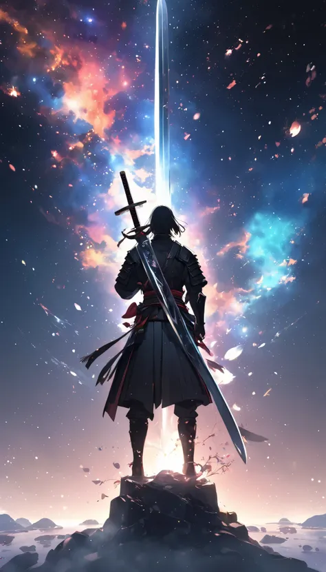  ultra high resolution,  Sword formed by melting the microcosm, \ Lonely Samurai \, BREAK , Infinite Silence ,  Lonely Left Behind , Aesthetic space background, High Grade Animation 