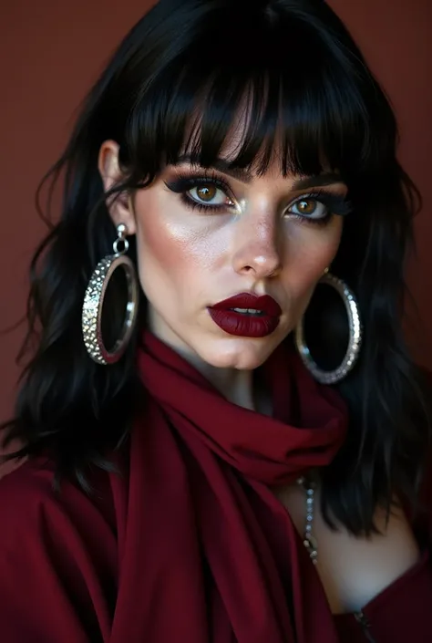 Vampire 25-year-old woman with waist-length black hair and fringe from the 70s, a half-crooked nose ,  wears large silver earrings with a burgundy red scarf like on her lips ,  wearing dark makeup and glitter wearing a rockstar style from the 70s  