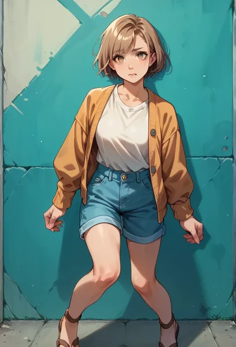 score_9, score_8_up, score_7_up, BREAK, score_9, 1girl, solo, This is an average height female ager with straight brown chin-length hair, hazel eyes, and light skin that wears a light orange cardigan, blue shorts, and light brown sandals