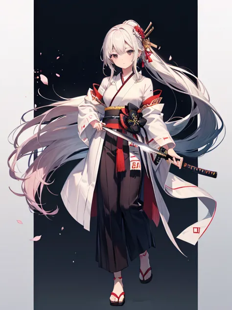 1girl, solo, Samurai woman, long hair, hair stick , unsheathing , samurai Sword, best quality, highres icon,highly detailed, 桜の木, full body, 