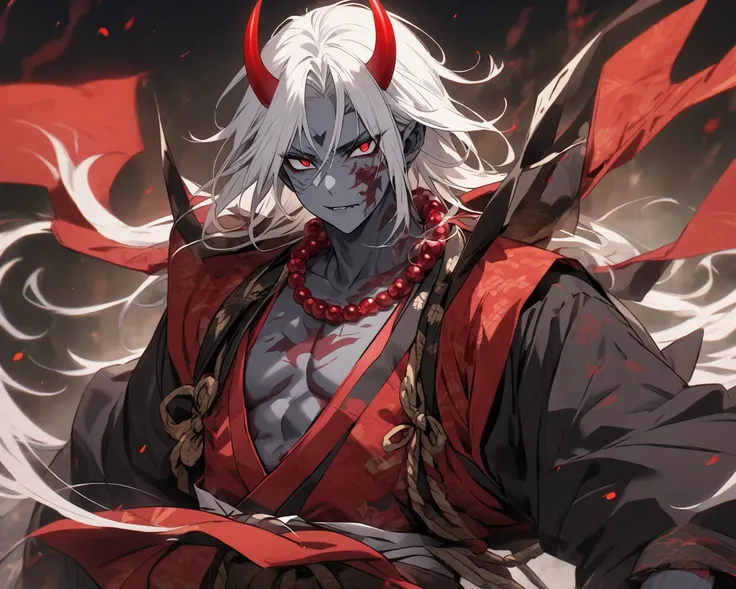 A demon man with long white hair and red eyes, with gray skin and with two red horns , wearing Japanese samurai clothes with a red pearl necklace,  with black marks on the face and body