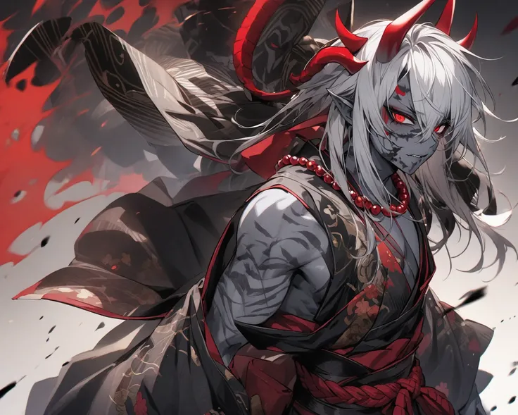 A demon man with long white hair and red eyes, with gray skin and with two red horns , wearing Japanese samurai clothes with a red pearl necklace,  with black marks on the face and body