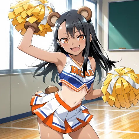 masterpiece, best quality, amazing quality, anime screencap. BREAK. nagatoro hayase (ijiranaide nagatoro-san): (bear ears, bear paws, bear tail, cheerleader outfit, pom-poms, asymmetrical bangs, bare shoulders, black hair, dark-skinned female, dark skin, f...