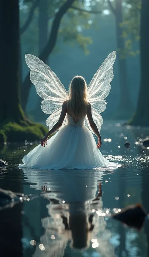 The Crystal Fairy ,  a fragile-looking being with wings as translucent as glass, wrapped in a silver aura , in a forest clearing illuminated by the moon ,  its reflection twinkling in an enchanted lake ,  the background shows the glow of stars reflected in...