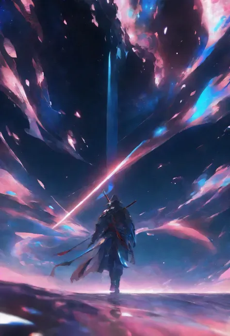  ultra high resolution,  A slash sword formed by melting the microcosm, \ Lonely Samurai \, BREAK , Infinite Silence ,  Lonely Left Behind , Aesthetic space background, High Grade Animation 