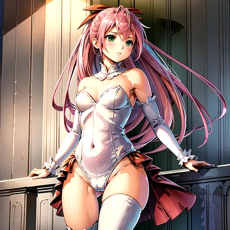 AkashaBl00dr1ver, 1girl, solo, long hair, green eyes, hair ribbon, ponytail, pink hair, hair bow, leotard, bare shoulders, bare thighs, thigh boots, perfect anatomy's model proportion, very beautiful female body,