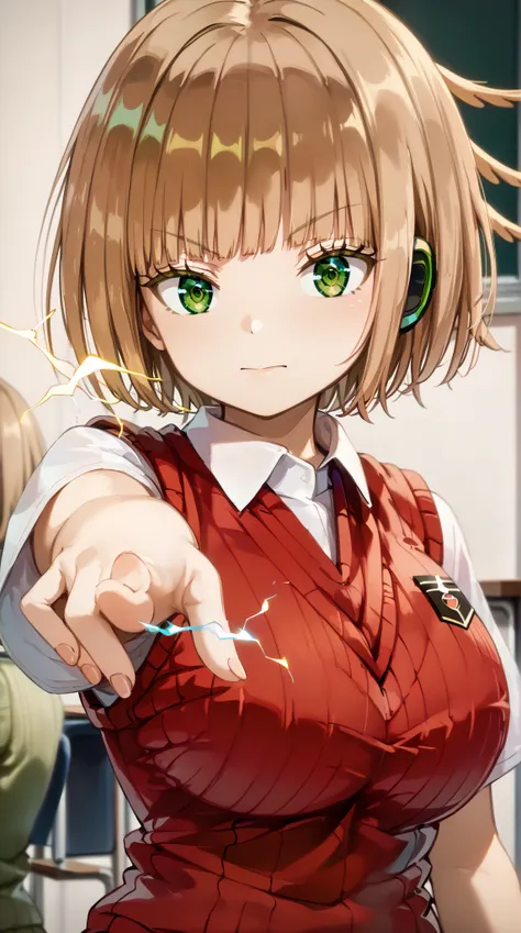 (UHD, retina, masterpiece, accurate, anatomically correct, super detail, high details,     highres, 1080P, 16k:1.3)、(Kirie Konami ai:1.3)、(short hair、light brown hair、bangs、green　eye:1.5)、(very gigantic breasts:1.3)、(shiny skin:1.3)、(tokiwadai school unifo...