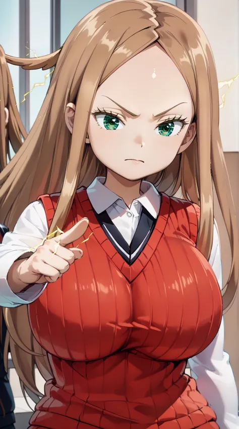 (UHD, retina, masterpiece, accurate, anatomically correct, super detail, high details,     highres, 1080P, 16k:1.3)、(Kirie Konami ai:1.3)、(brown hair,long hair,forehead、green eyes:1.5)、(very gigantic breasts:1.3)、(shiny skin:1.3)、(tokiwadai school uniform,...