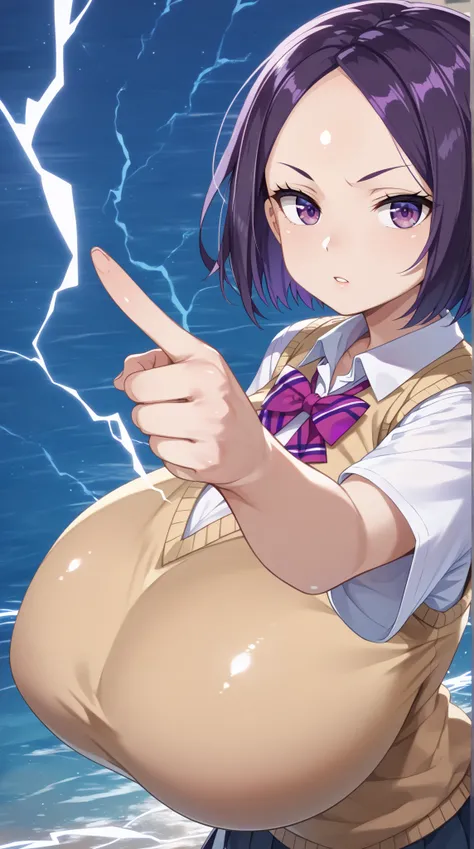 (UHD, retina, masterpiece, accurate, anatomically correct, super detail, high details,     highres, 1080P, 16k:1.3)、(kitora ai:1.3)、(dark Purple hair、Purple eyes、short hair, forehead:1.5)、(very gigantic breasts:1.3)、(shiny skin:1.3)、(tokiwadai school unifo...