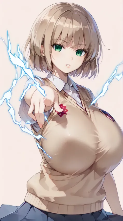 (UHD, retina, masterpiece, accurate, anatomically correct, super detail, high details,     highres, 1080P, 16k:1.3)、(nasu rei:1.3)、(short hair、light brown hair、green eye:1.5)、(very gigantic breasts:1.3)、(shiny skin:1.3)、(tokiwadai school uniform,sweater ve...