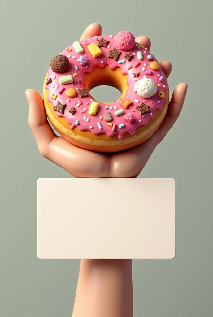 The hand of a person holding your Donut and there are pieces of sugar and chocolate and sweets they have a laughing face holding an empty sign 