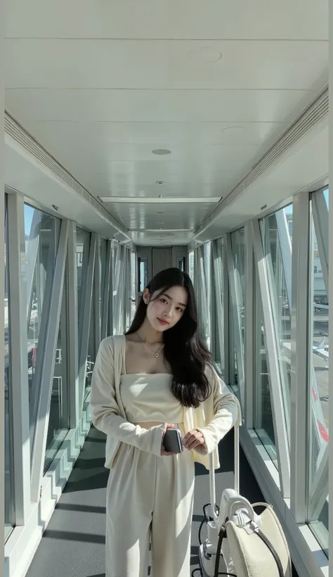 /imagine prompt: A smartphone photo of a woman standing in a glass jet bridge leading to an airplane. She has silky, long hair styled with gentle waves blended into straight sections, giving a natural yet elegant look. The soft sunlight filters through the...