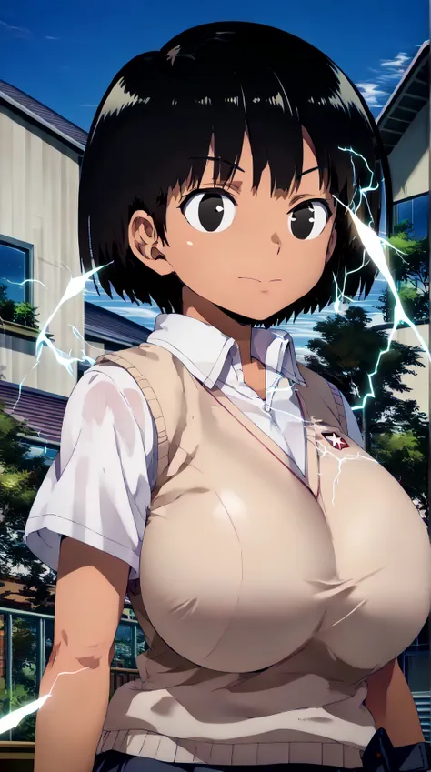 (UHD, retina, masterpiece, accurate, anatomically correct, super detail, high details,     highres, 1080P, 16k:1.3)、(Obishima Yukari:1.3)、(dark-skinned female, short hair, black hair, black eyes:1.5)、(very gigantic breasts:1.3)、(shiny skin:1.3)、(tokiwadai ...