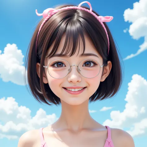  girl, Blue sky and white clouds,  wears silver glasses,  happy,  happy,  reddish cheeks ,  black hair,  Wear a pink ribbon headband,  perfect quality ,  clear focus ( CLUTTER - HOME : 0.8), ( masterpiece: 1.2) ( by Nomi: 1.2) (Bokeh) ( top quality) ( deta...