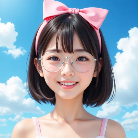  girl, Blue sky and white clouds,  wears silver glasses,  happy,  happy,  reddish cheeks ,  black hair,  Wear a pink ribbon headband,  perfect quality ,  clear focus ( CLUTTER - HOME : 0.8), ( masterpiece: 1.2) ( by Nomi: 1.2) (Bokeh) ( top quality) ( deta...