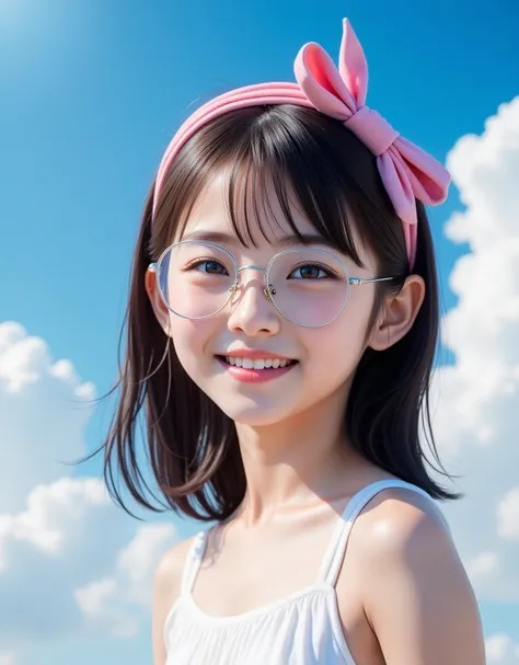  girl, Blue sky and white clouds,  wears silver glasses,  happy,  happy,  reddish cheeks ,  black hair,  Wear a pink ribbon headband,  perfect quality ,  clear focus ( CLUTTER - HOME : 0.8), ( masterpiece: 1.2) ( by Nomi: 1.2) (Bokeh) ( top quality) ( deta...