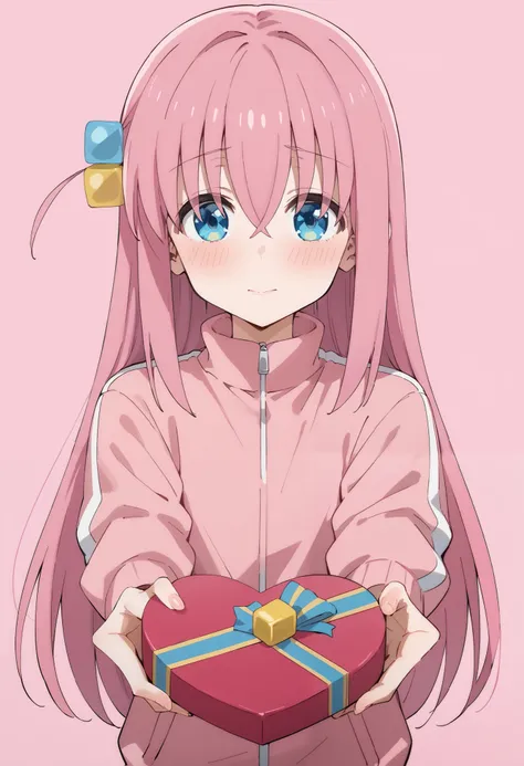 Score_9, score_8_up, score_7_up, source_anime, hitori gotou, blue eyes, cube hair ornament, hair between eyes, hair ornament, pink hair, one side up, long hair, pink jacket, track jacket, heart-shaped box, holding, box, gift, valentine, incoming gift, outs...