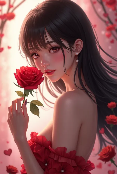 Sexy Japanese cartoon holding a red rose on the day of love