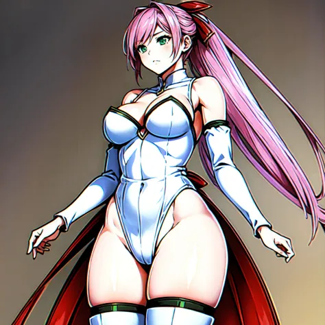 AkashaBl00dr1ver, 1girl, solo, long hair, green eyes, hair ribbon, ponytail, pink hair, hair bow, leotard, bare shoulders, bare thighs, thigh boots, perfect anatomy's model proportion, very beautiful female body,