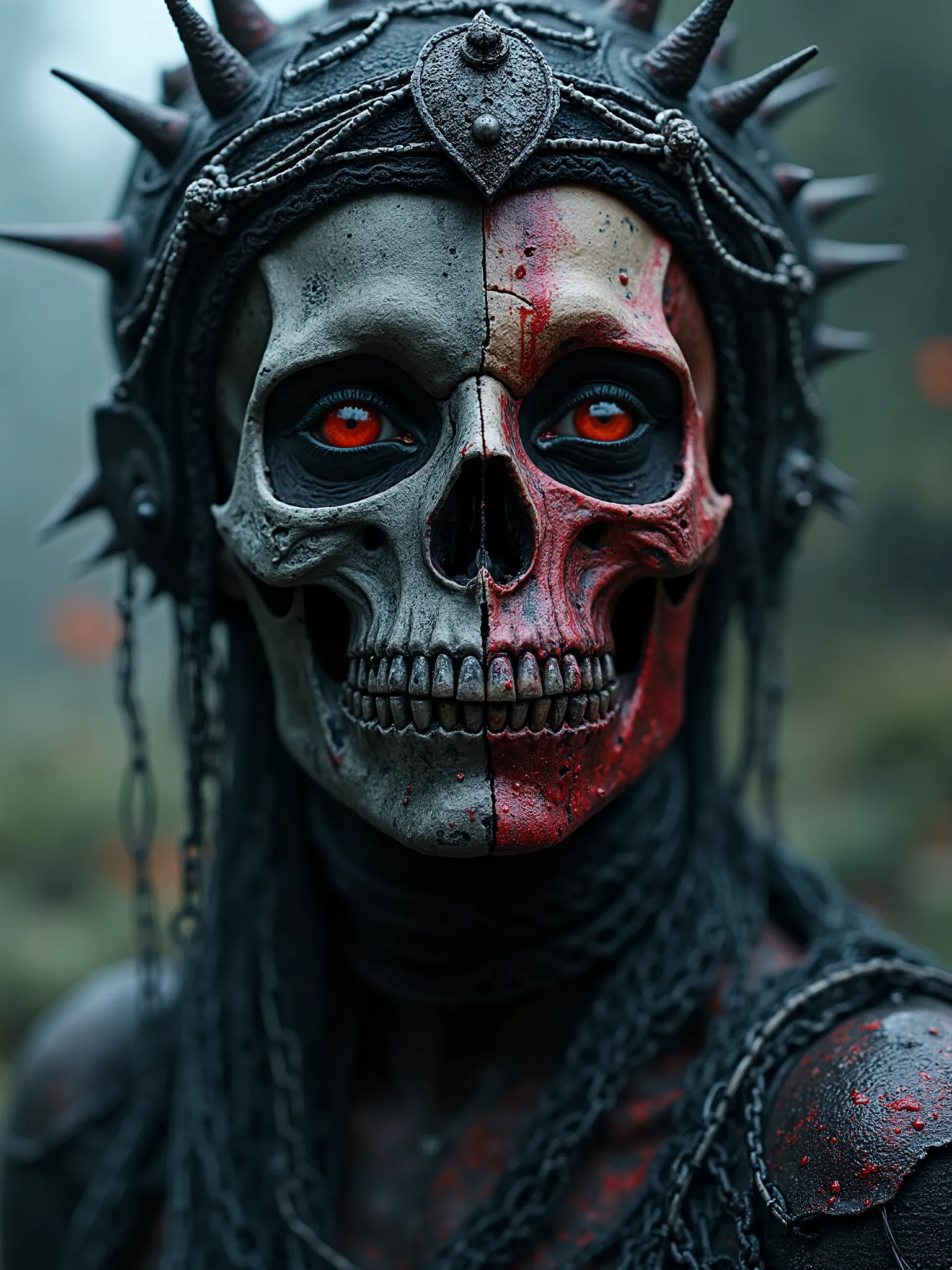 Beautiful Female cosmic entity  bone crown,l,half skull half face rotted,barb wire wrapped around her,spilled with red and black fluid,dark makeup,dark surrealism,dark realistic photography, dark occult art,melancholic dark art, surreal dark art, frozen ba...