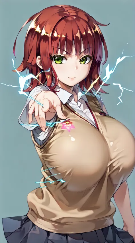 (UHD, retina, masterpiece, accurate, anatomically correct, super detail, high details,     highres, 1080P, 16k:1.3)、(katori youko:1.3)、(rad hair,short hair,green eyes:1.5)、(very gigantic breasts:1.3)、(shiny skin:1.3)、(tokiwadai school uniform,sweater vest,...