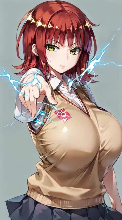 (UHD, retina, masterpiece, accurate, anatomically correct, super detail, high details,     highres, 1080P, 16k:1.3)、(katori youko:1.3)、(rad hair,short hair,green eyes:1.5)、(very gigantic breasts:1.3)、(shiny skin:1.3)、(tokiwadai school uniform,sweater vest,...