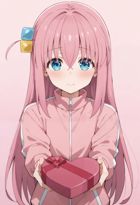 Score_9, score_8_up, score_7_up, source_anime, hitori gotou, blue eyes, cube hair ornament, hair between eyes, hair ornament, pink hair, one side up, long hair, pink jacket, track jacket, heart-shaped box, holding, box, gift, valentine, incoming gift, outs...