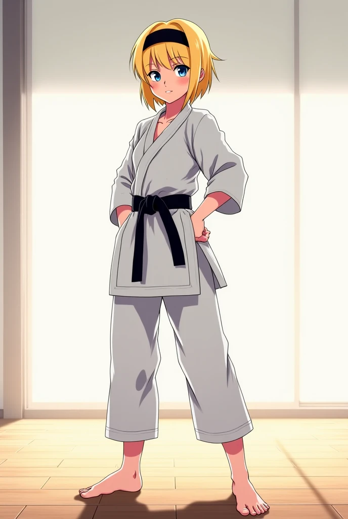 anime young adult female, short blonde hair, black headband, blue eyes, tough serious expression, white karate gi, bare feet, standing in a karate dojo