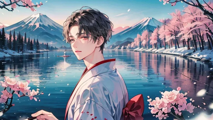 Highest quality, masterpiece, one male (a handsome man: 1.4), black hair, bangs covering the forehead, gray eyes, short hair, detailed depiction of the eyes and face, wearing a black kimono, a large lake stretches across the center with a majestic snow-cov...