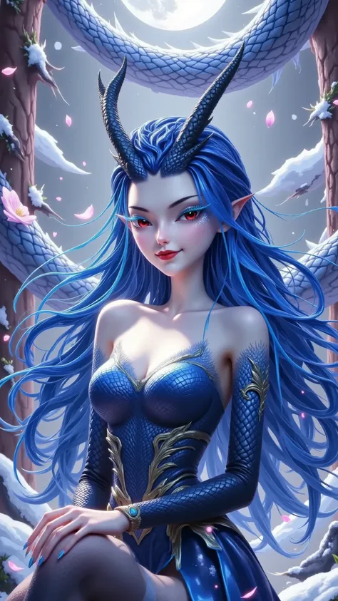A woman with blue hair and horns , red eyes,Blue eyelashes,Scales on the cheeks, skirt,Thigh socks。Petals and snow falling in the air , Fine and gorgeous digital art , Full Moon