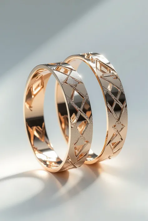 A pair of elegant couple bracelets designed with symmetrical, complementary geometric elements. Each bracelet features intricate patterns that allow them to perfectly interlock with one another, creating a complete shape when brought together. The design b...