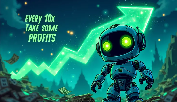 cartoon banner  of robot with piercing green eyes , pulsating green arrow on blue theme above robot  a green inscription "every 10x take some profits" In the background money cryptocoins , exchange ,  The arrow dynamically shifts and glows, radiating energ...