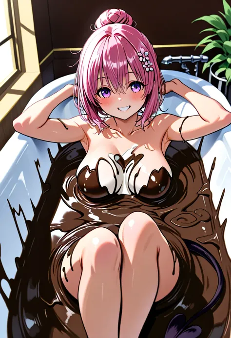   short hair 、 pink hair、 hair flower、 purple eyes、devil's tail、best quality ( best quality )、(Nonsense)、( very detailed)、( very beautiful way to hold ) information best quality 、 Ultra-fine、Most HD、 very detailed、masterpiece、 best quality 、{{ beautiful fa...