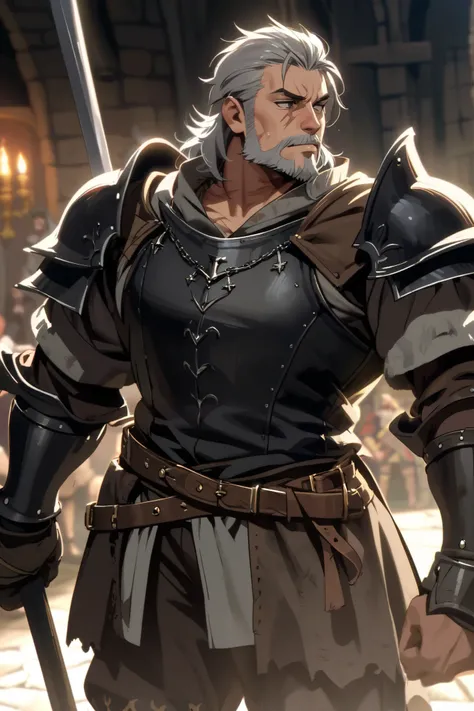  medieval times , Middle-aged man 1 ,  short gray hair,  short beard, Scars on the face, Strong physique, Black Armor