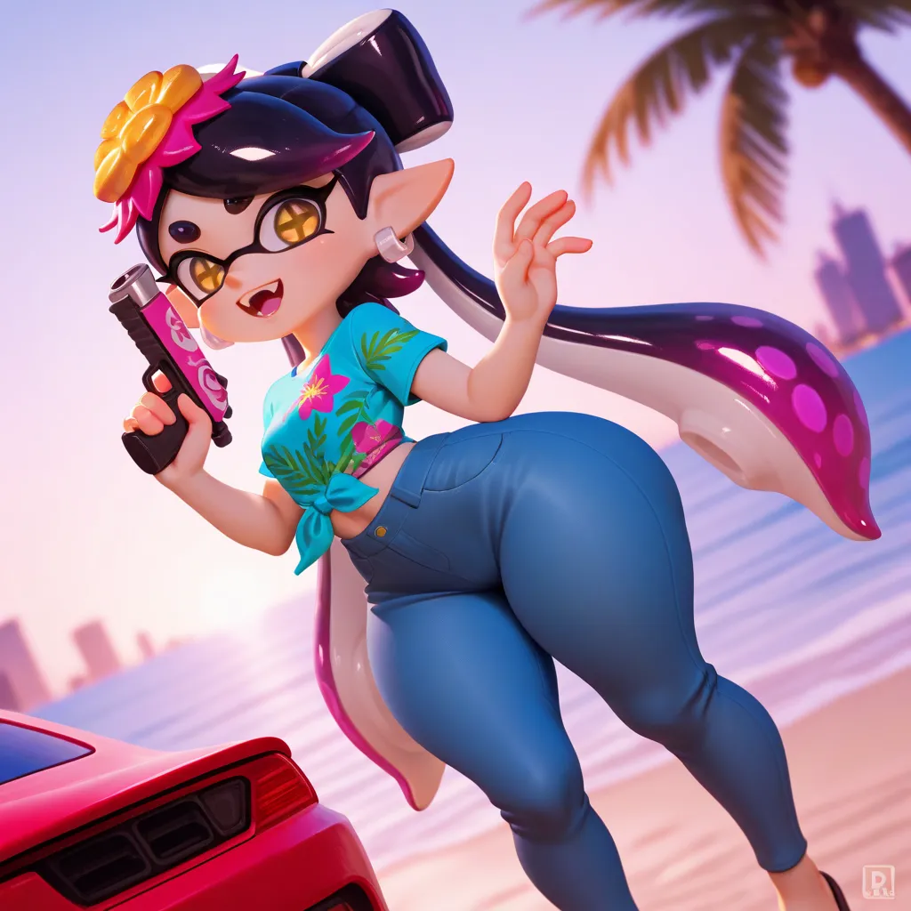 Masterpiece,Best Quality, beautiful eyes,callie form splatoon,cinematic lens effect, highly dramatic picture, ultra detailed, depth of field, huge hips,big booty, medium full length, 8k,small breast, ultra cute , ultra sexy, ultra bouncy, Dutch angle, ((bu...