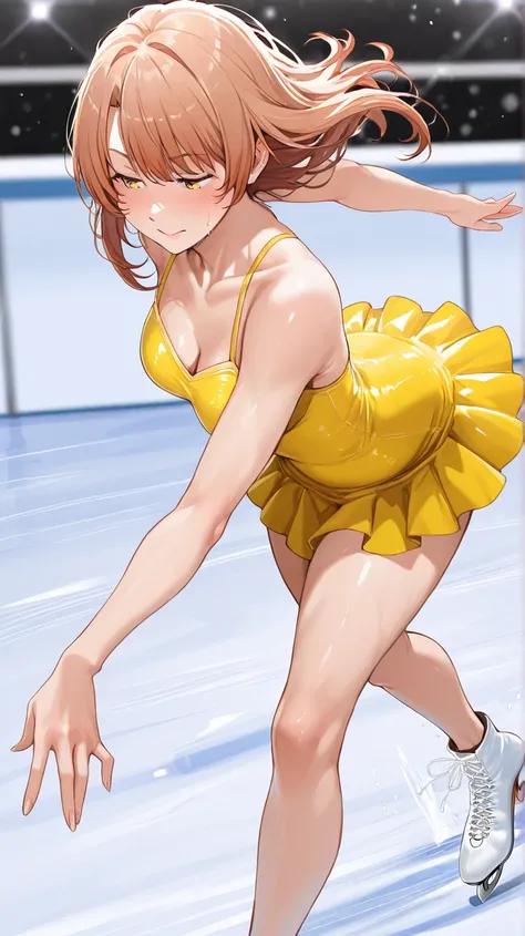 A woman are ice skating, Indoor skating rink, my skirt is fluttering, yellow mini dress, solo, masterpiece, high resolution, best quality, isshiki iroha