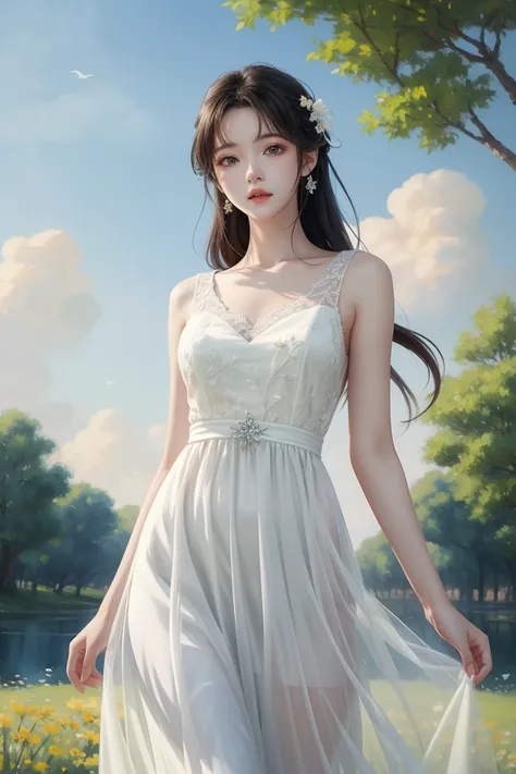 perfect artwork、 super detailed、 top quality、wallpaper aesthetics、 masterpiece、 Official Art、( elegant: 1.3)  Elegant Woman、 wearing a white see-through dress 、 The whole picture is full of tenderness and subtlety、 The background is a blue sky and a green ...