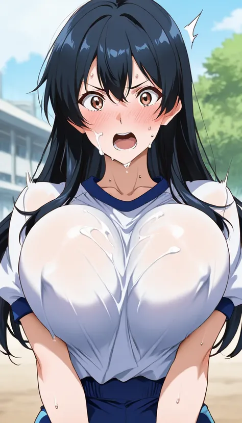  score_9,  score_8_ up,  score_7_ up,  source_Anime, ( Anime screencap:0.5),,  upper body、 1 girl,,  Embarrassed Face 、 surprised、 open your mouth。 alone,  outdoor, School,,  long hair,   black hair,  brown eyes,  ,  split ends,  big breasts,(,,slender,car...