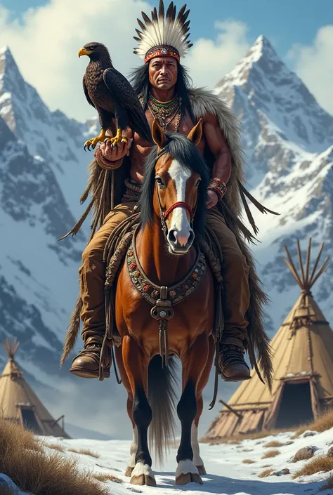 An American Indian warrior ,  with Klondike as a backdrop and indigenous tents,  riding a horse,   and holding an eagle  