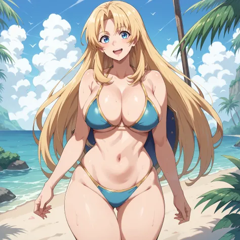 Filo ( 25 years), (Shield Hero) ,( blonde hair) ,(  blue eyes). ( big breasts) silver bikini . esta caminando por una playa tropical.