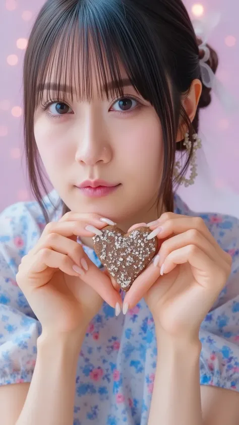 A cheerful anime-style virtual idol girl with sparkling eyes and pastel-colored hair styled in twin buns. She holds a heart-shaped chocolate toward the viewer with both hands, winking playfully. The background is a dreamy digital stage with floating hearts...