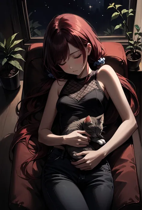 (masterpiece, best quality), solo, intricate details, JK, sleeping girl, from above, cat curled up and sleeping on girl’s lap, laying on couch, beautiful face,  ((closed eyes, Dark red hair, long swept bangs, long hair in low twin tails)), hair scrunchie, ...